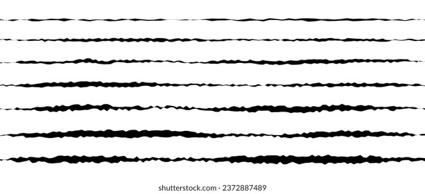 Jagged uneven line set. Black scribble stroke collection. Grunge wavy zig zag border stripe bundle. Wavy rough horizontal design elements pack for poster, banner, booklet, brochure, decoration. Vector