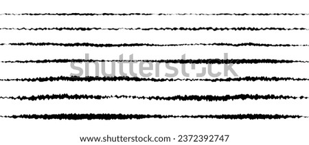 Jagged uneven line set. Black scribble stroke collection. Grunge wavy zig zag border stripe bundle. Edgy rough horizontal design elements pack for poster, banner, booklet, brochure, decoration. Vector