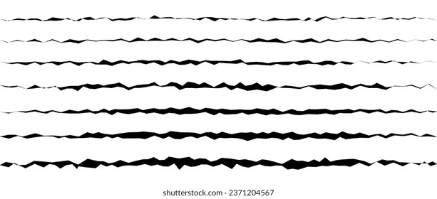 Jagged uneven lines set. Black scribble stroke collection. Grunge wavy zig zag border stripes bundle. Edgy rough scribble design elements pack for poster, banner, booklet, brochure, decoration. Vector