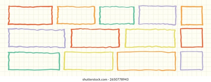 Jagged wavy edge vector geometric rectangle shape frames. Colorful marker drawn wiggly frames on grid paper background. Childish zigzag rectangle shapes element set. Wavy undulate stickers, text boxes