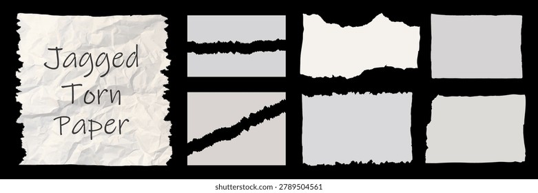Jagged white paper torn pack isolated on black background. Rectangle, square and parts set of jagged edge shapes. Rectangle torn paper shape. Grunge border frames paper sheet fragments. Vector illustration