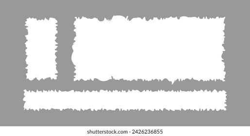 Colección de formas rectangulares blancas dentadas. Plantilla de papel rasgado. Cuadro de texto rasgado, etiqueta, etiqueta, parche en blanco