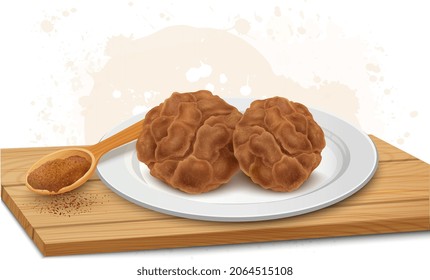 Piezas de azúcar marrón vectorial de vectores con tablero de corte de madera