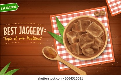 Jaggery Cubes and piece vector illustration on brown wooden background