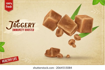 Jaggery cubes vector illustration on brown background 
