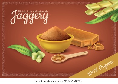 Jaggery natural healthy sweetener realistic background with sugar cane powder and blocks vector illustration