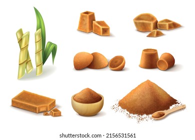 Jaggery realistic set with isolated blocks cubes granulated sugar cane vector illustration