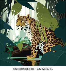 Jaguar en la selva amazónica. Animales tropicales de la selva tropical. Concepto de ilustración vectorial plana