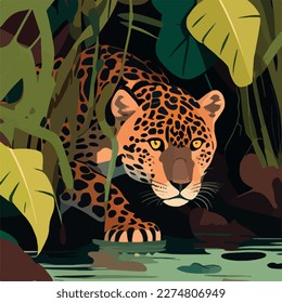 Jaguar en la selva amazónica. Animales tropicales de la selva tropical. Concepto de ilustración vectorial plana