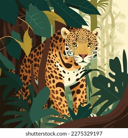 Jaguar in the Amazon rainforest. Tropical rainforest animals. Flat vector illustration concept