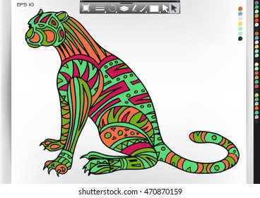 Jaguar. Animal patterns with hand-drawn doodle waves and lines. Vector illustration in bright colors.