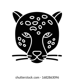 Jaguar black glyph icon. Leopard head. Cheetah. Wild large spotted cat living in South America. Jungle dweller. American panther. Silhouette symbol on white space. Vector isolated illustration