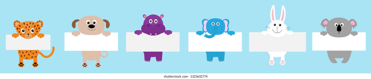 Jaguar cat, elephant, pands, koala, bear, hippo hanging on paper board template set line. Cute cartoon funny character. Kawaii animal. Baby card. Flat design. Blue background. Vector illustration