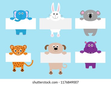 Jaguar cat, elephant, rabbit, koala, dog, hippo hanging on paper board template set. Cute cartoon funny character. Kawaii animal. Baby card. Flat design. Blue background Isolated Vector illustration