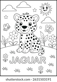 Página de coloração de onça para crianças - Ilustração de gato de selva fácil com rótulo de palavra para educação precoce