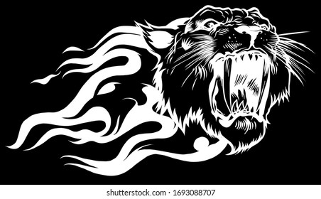 Jaguar or cougar predator head flame in black background. Vector illustration.