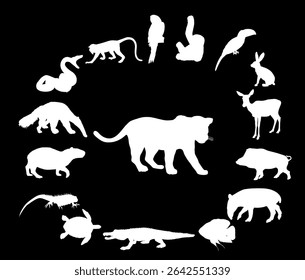Jaguar diet set vector silhouette isolated. Silent killer, hungry wild cat hunting. Hunter animal need food. Ambush attack hunt for prey. Panther lurking. Caiman, monkey, deer, snake, bird, boar...