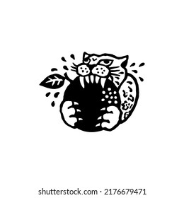 Jaguar eating fruit, animal hand drawn vector illustration