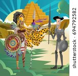 jaguar female aztec warrior and spanish conqueror near aztec pyramid temple