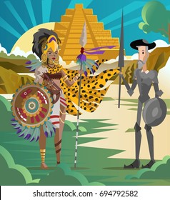 jaguar female aztec warrior and spanish conqueror near aztec pyramid temple