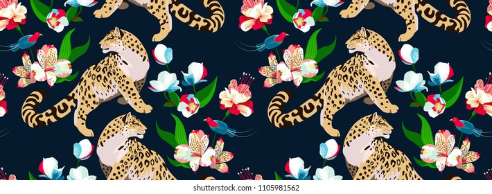 Jaguar with flowers on navy background. Vector pattern