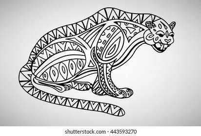 Jaguar. Hand-drawn with ethnic pattern. Coloring page - isolated on a white background. Zendoodle patterns. Vector illustration.