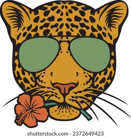 Jaguar Head with Aviator Sunglasses and Hibiscus Flower. Vector Illustration.