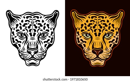 Jaguar head front view two styles black on white and colorful on dark background vector illustration