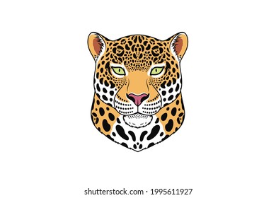 Jaguar head with green eyes, isolated jaguar face. Panther, predatory wildcat. Jaguar silhouette, logo and mascot. Vector illustration for graphic design of cover, poster, sticker and print