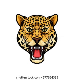 Jaguar head isolated cartoon mascot. Angry leopard or panther roaring with bared teeth and aggressive glare. Wild big cat for t-shirt print, tattoo design