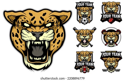 Jaguar Head Mascot Logo With Logo Set For Team Football, Basketball, Lacrosse, Baseball, Hockey , Soccer .suitable For The Sports Team Mascot Logo .vector Illustration.