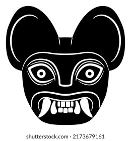 Cabeza de Jaguar. Máscara de gato tótem con colmillos. Arte moche del antiguo Perú. Arte nativo americano de indios peruanos. Silueta blanca y negra.