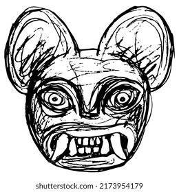 Jaguar head. Mask of totem cat with fangs. Moche art from ancient Peru. Native American art of Peruvian Indians. Hand drawn linear doodle rough sketch. Black silhouette on white background.