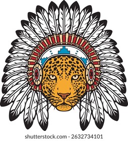 Jaguar Head with Native American Indian Chief Headdress. Vector Illustration.