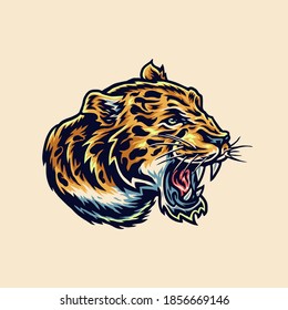 Jaguar head side view, hand drawn line style with digital color, vector illustration