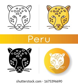 Jaguar icons set. Leopard head. Cheetah. Wild large spotted cat living in South America. Strong aggressive predator. Jungle dweller. Linear, black and RGB color styles. Isolated vector illustrations