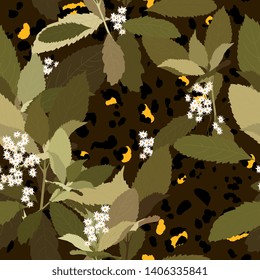 Jaguar illustration and flower pattern for wallpaper design. Abstract fashion style seamless background. Vector floral print. 