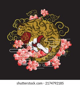 jaguar illustration with japanese style background