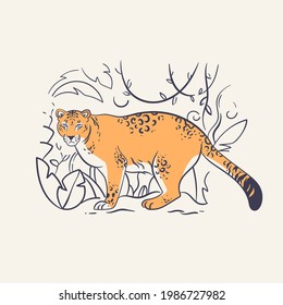 Jaguar Ink style illustration. Asian Wild cat outline design. Leopard hand drawn art.