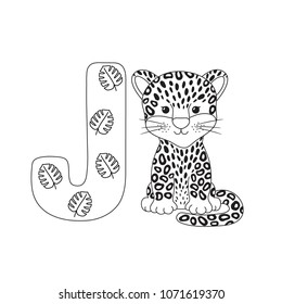 Jaguar for letter J in kids alphabet. Hand drawn outline cartoon character and letter for children`s typeface, cute smiling animal, leopard, cheetah for baby developing card, coloring book.