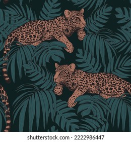 Jaguar está en las ramas de un árbol. Patrón sin foco de hojas tropicales y leopardos. Una ilustración moderna y luminosa de colores de moda.