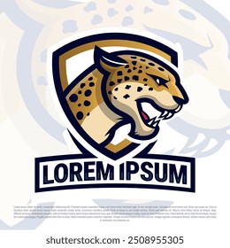 Jaguar mascot logo design, jaguar head with shield backdrop illustration, gamer esport, angry cat