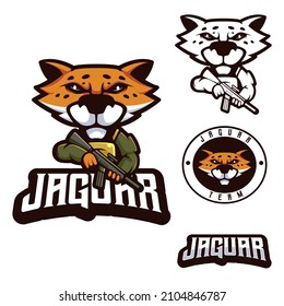 Jaguar in military style. Jaguar cartoon set mascot logo design with modern illustration concept style for badge, emblem and t shirt printing