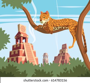 Jaguar on tree and ancient pyramids in background