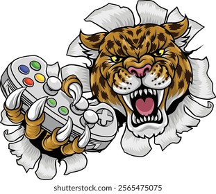 A jaguar, panther, leopard or cheetah wildcat spotted cat gamer sports mascot holding a video game controller