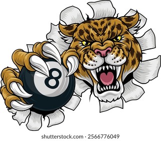 A jaguar, panther, leopard or cheetah wildcat spotted cat billiards pool sports team mascot holding a billiard black 8 ball