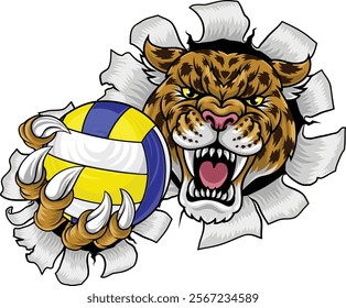 A jaguar, panther, leopard or cheetah wildcat spotted cat volleyball sports team mascot holding a ball