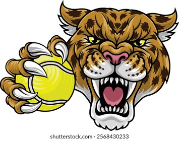 A jaguar, panther, leopard or cheetah wildcat spotted cat tennis sports team mascot holding a ball