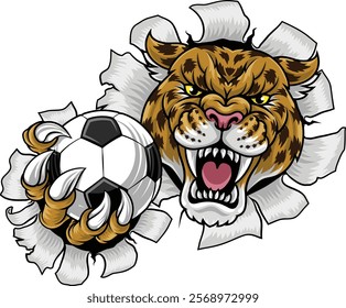 A jaguar, panther, leopard or cheetah wildcat spotted cat soccer football sports team mascot holding a ball