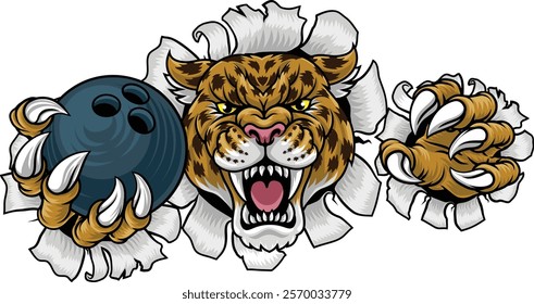 A jaguar, panther, leopard or cheetah wildcat spotted cat bowling sports team mascot holding a ball